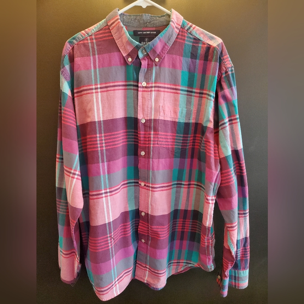 2XL Old Navy Plaid Button-up (Long Sleeve; Teal/Red/Pink/White)